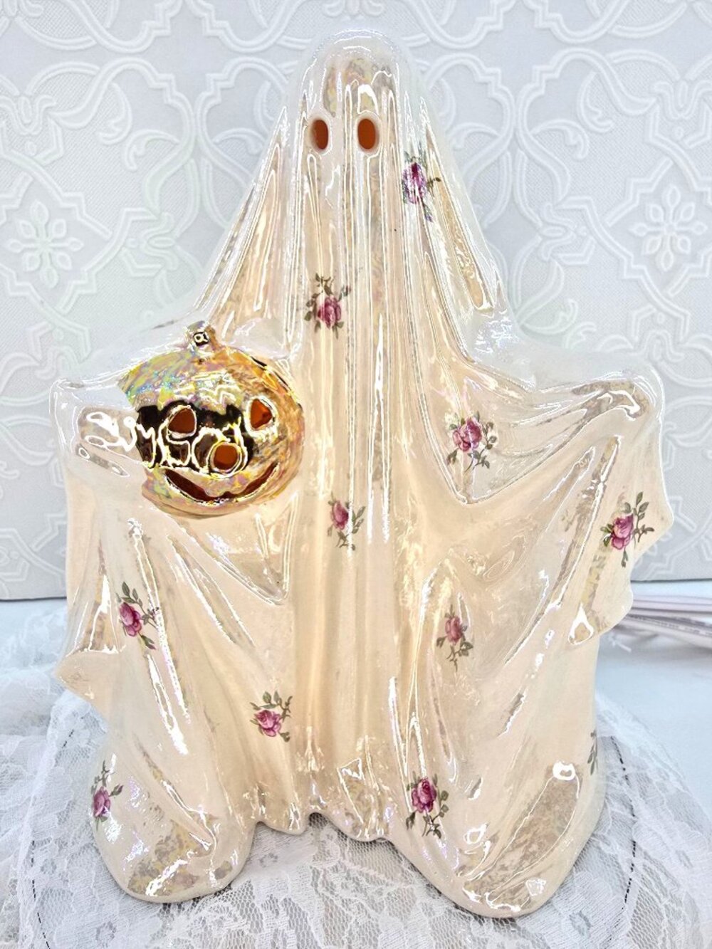 Ceramic Ghost White With A Gold Luster Pumpkin And MOP Flower Decals